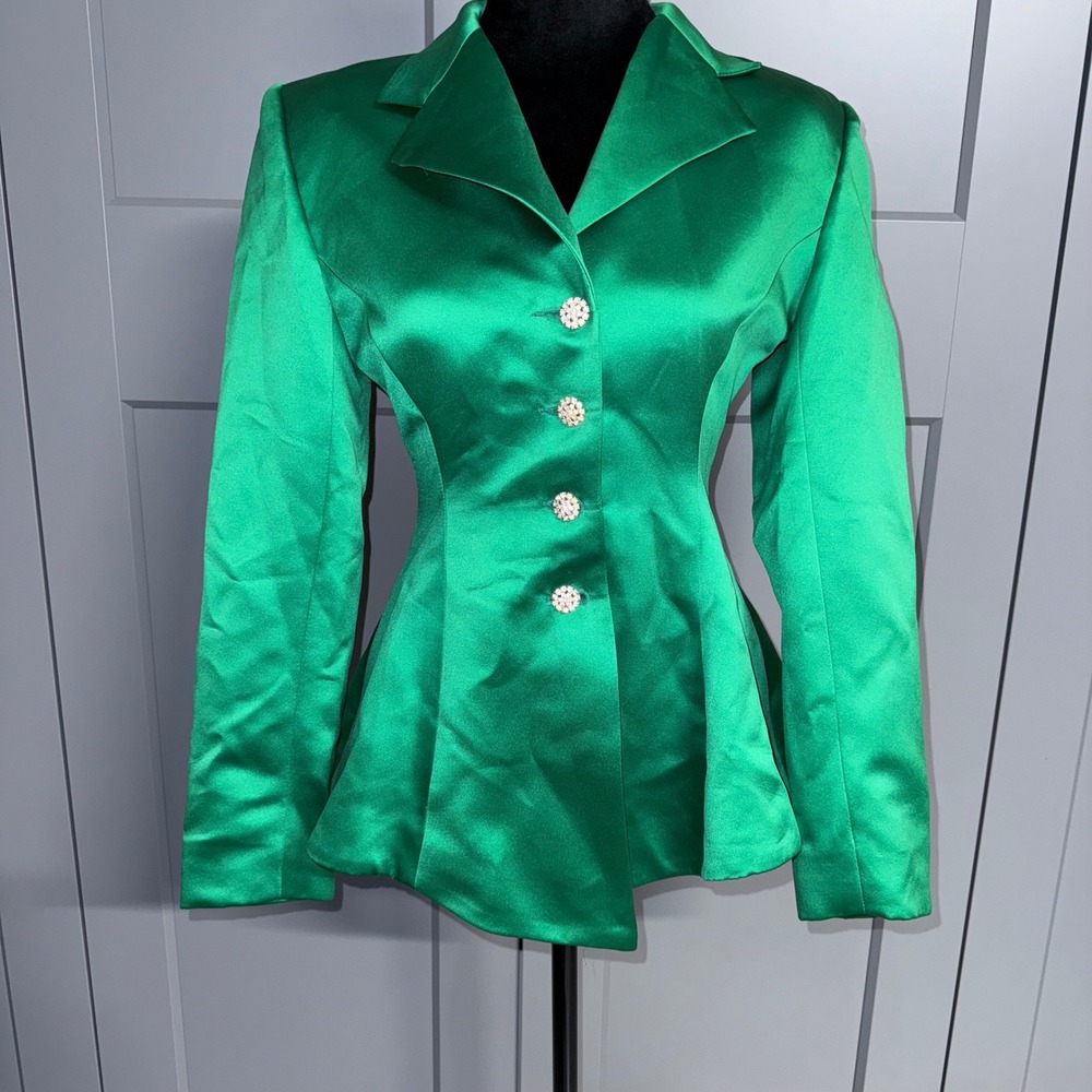 NOVELLO BLOOM Emerald Green Satin Rhinestone Button Blazer Jacket Size S Fitted‎